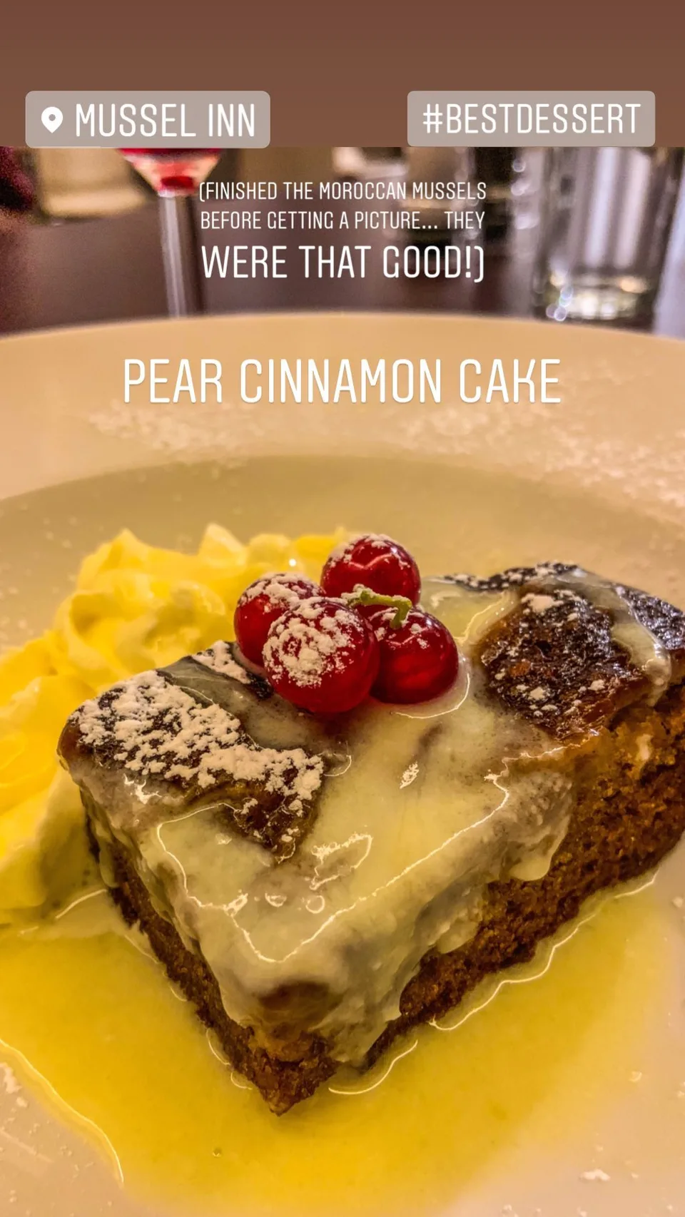 PEAR CINNAMON CAKE (FINISHED THE MOROCCAN MUSSELS BEFORE GETTING A PICTURE... THEY WERE THAT GOOD!)