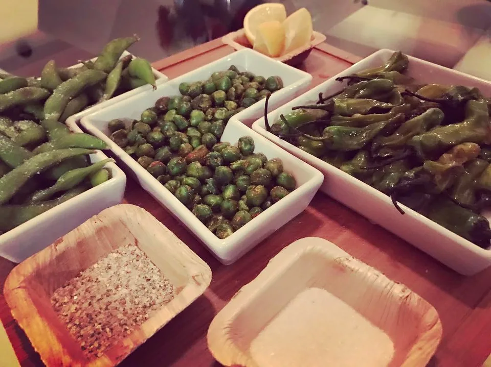 Platter of greens... #shishitopeppers #masalapeas #edemame #hintofsalts…, 1 of 1