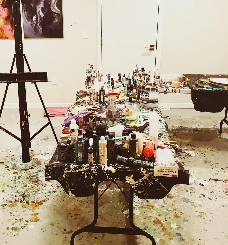 The mess behind some creations... #artstudio #paints #artinmaking #tuesdaynight…, 1 of 1